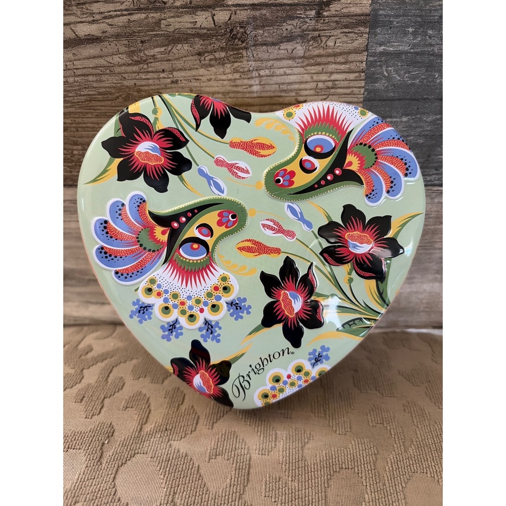 Brighton Heart Shaped Jewelry Tin Floral Bird Folk Art Collectible Gift Box